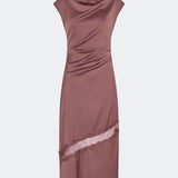 Sleeveless satin maxi dress with a high draped neckline, gathered side detail and diagonal lace panel. Finished with a concealed back zip and side slit. Wear it with slim heels or layer the matching Tailor cape over the shoulders.