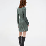 Short dress in green with flattering gathering at the waist and slight waterfall neckline. TailorMD dress is made in a beautiful satin and has long sleeves and an invisible zipper in the back.