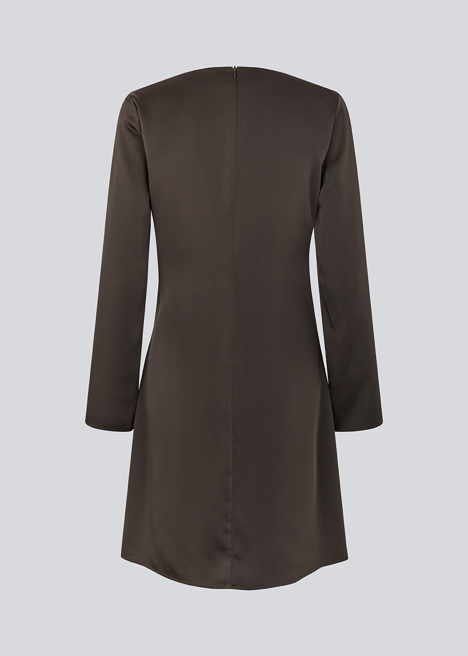 Our very popular and always sold out Tailormd dress now in a new shorter version with long sleeves.&nbsp;The dress is brown and has flattering gathering at the waist and a slight waterfall neckline. The TailorMD dress is made in a beautiful satin and has long sleeves and an invisible zipper in the back.