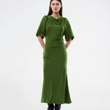 Short-sleeved dress with ruched detailing in soft satin. The TailorMD Dress features a high neckline, invisible back zip, and side slit - an elegant and flattering style, perfect for both evening wear and stylish everyday looks.