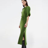 Short-sleeved dress with ruched detailing in soft satin. The TailorMD Dress features a high neckline, invisible back zip, and side slit - an elegant and flattering style, perfect for both evening wear and stylish everyday looks.
