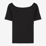 Tansy top in black has a simple look with a wide neckline at front and back and narrow sleeves. The top is slim fit without being tight. A basic must-have style in your waredrobe.