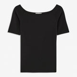 Tansy top in black has a simple look with a wide neckline at front and back and narrow sleeves. The top is slim fit without being tight. A basic must-have style in your waredrobe.