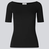 Tansy top in black has a simple look with a wide neckline at front and back and narrow sleeves. The top is slim fit without being tight. A basic must-have style in your waredrobe.