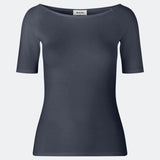 Tansy top has a simple look with a wide neckline at front and back and narrow sleeves. The top is slim fit without being tight.