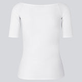 Tansy top in white has a simple look with a wide neckline at front and back and narrow sleeves. The top is slim fit without being tight.