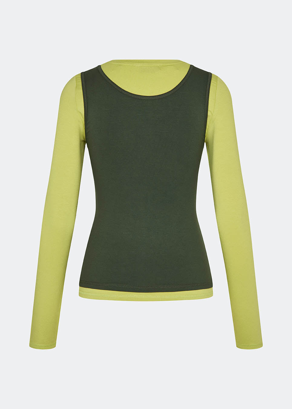 Modern layering long-sleeved blouse/top. ThaliaMD LS T-shirt is designed with a refined double-layer look that adds depth and a modern expression. The soft, stretchy fabric and fitted silhouette make it ideal both on its own and as a stylish layering piece in a fashion-conscious wardrobe. Colors are lime green and army green.
