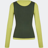 Modern layering long-sleeved blouse/top. ThaliaMD LS T-shirt is designed with a refined double-layer look that adds depth and a modern expression. The soft, stretchy fabric and fitted silhouette make it ideal both on its own and as a stylish layering piece in a fashion-conscious wardrobe. Colors are lime green and army green.
