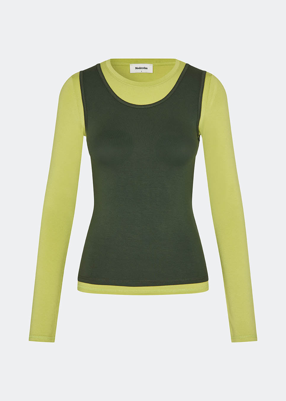 Modern layering long-sleeved blouse/top. ThaliaMD LS T-shirt is designed with a refined double-layer look that adds depth and a modern expression. The soft, stretchy fabric and fitted silhouette make it ideal both on its own and as a stylish layering piece in a fashion-conscious wardrobe. Colors are lime green and army green.
