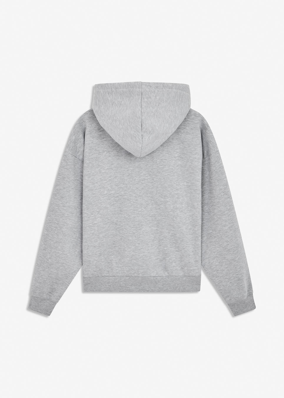 Sweatshirt in grey with a zipper and logo in a cotton mixture. TiaMD Zip is a hoodie with pockets, ribbing at the sleeves and bottom and a hood with strings. The model is 175 cm and wears a size S/36.