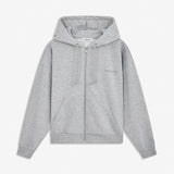 Sweatshirt in grey with a zipper and logo in a cotton mixture. TiaMD Zip is a hoodie with pockets, ribbing at the sleeves and bottom and a hood with strings. The model is 175 cm and wears a size S/36.