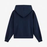 Sweatshirt in navy blue with a zipper and logo in a cotton mixture. TiaMD Zip has pockets, ribbing at the sleeves and bottom, and a hood with strings. The model is 175 cm and wears a size S/36.