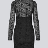Fitted black lace dress in a see-through lace material. TildeMD dress has long sleeves, a high neck and lining.