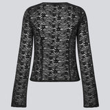 Fitted top in stretchy lace with flared sleeves. TildeMD lace top has a deep V-neckline and two tiebands in the front.