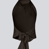 Brown elegant halterneck top. Timmiemd top is made from satin with a flattering open back, tie detail, and high neck. Elegant and perfect for festive occasions.