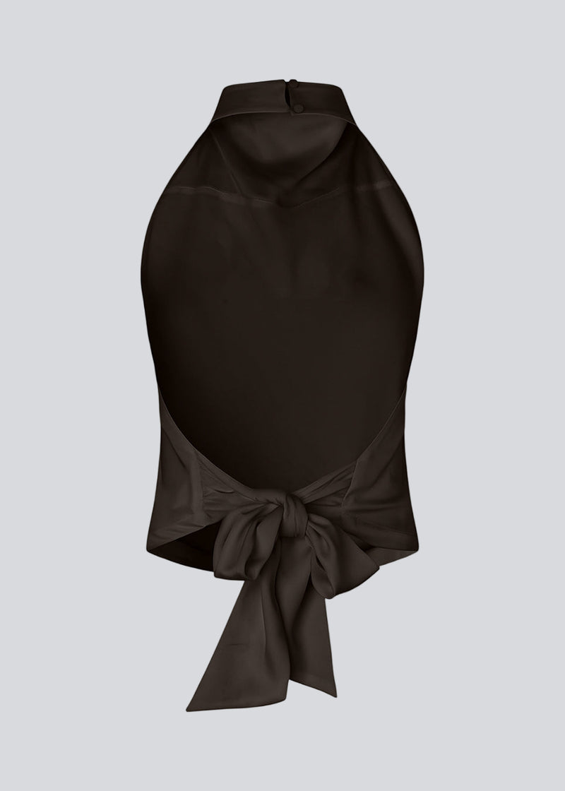 Brown elegant halterneck top. Timmiemd top is made from satin with a flattering open back, tie detail, and high neck. Elegant and perfect for festive occasions.