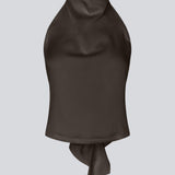 Brown elegant halterneck top. Timmiemd top is made from satin with a flattering open back, tie detail, and high neck. Elegant and perfect for festive occasions.