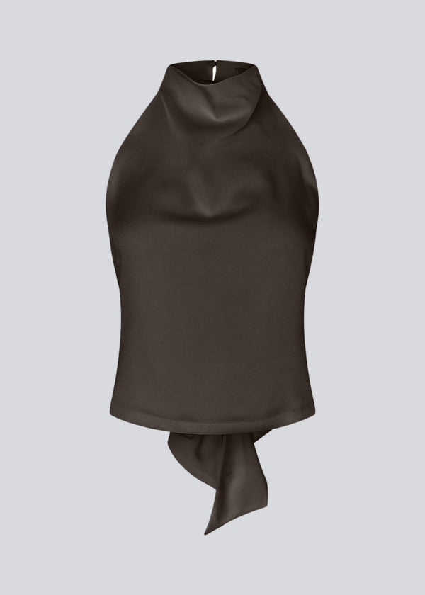 Brown elegant halterneck top. Timmiemd top is made from satin with a flattering open back, tie detail, and high neck. Elegant and perfect for festive occasions.