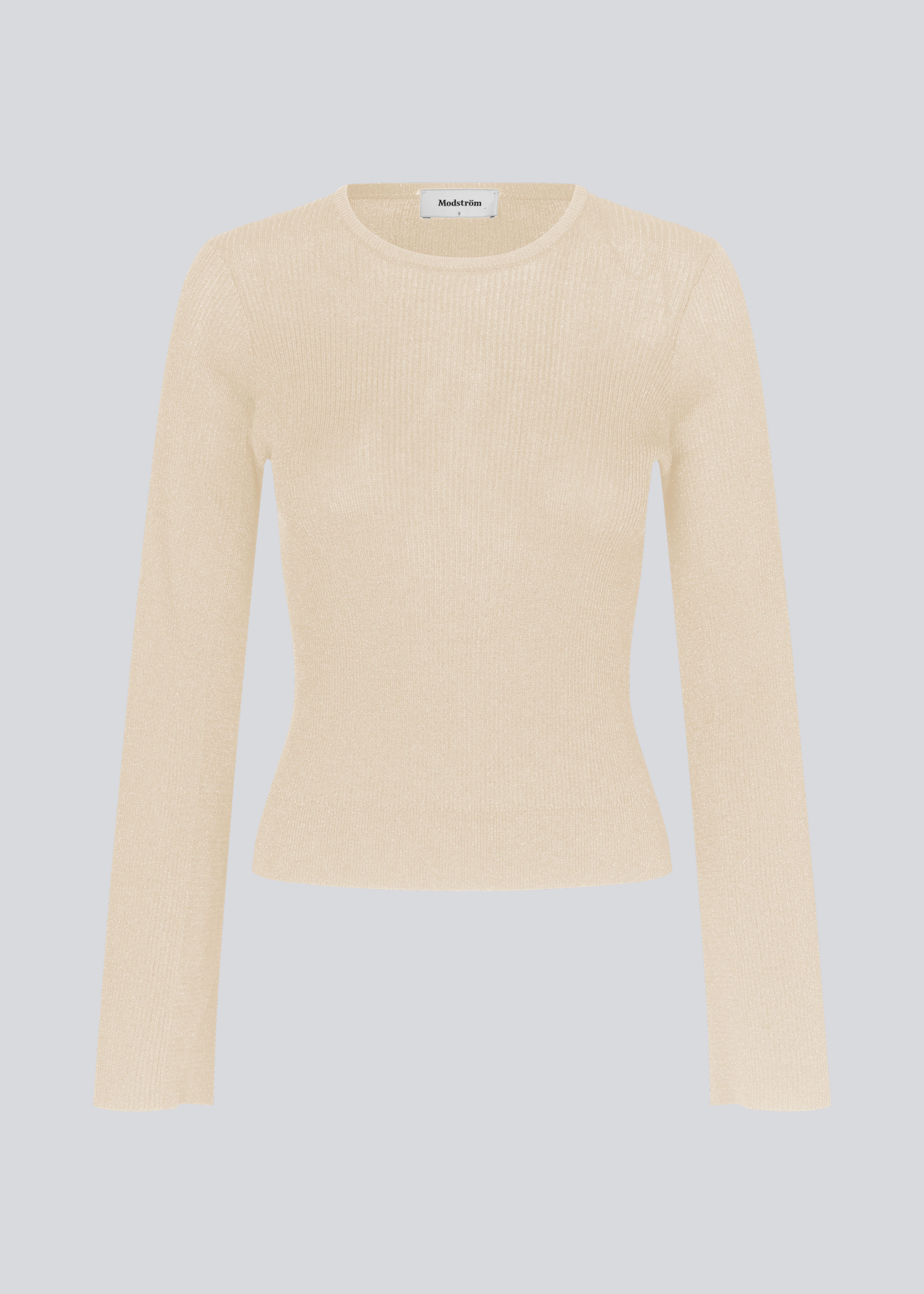 Fine knit jumper in summer sand in a drapy quality. TomMD o-neck has a slightly cropped length with long, flared sleeves. Ribknit on neckline and hem. 