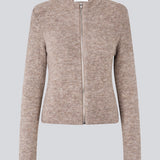 Fitted beige cardigan in a soft knit. TreeMD cardigan has a high neck and a zipper closure in front.