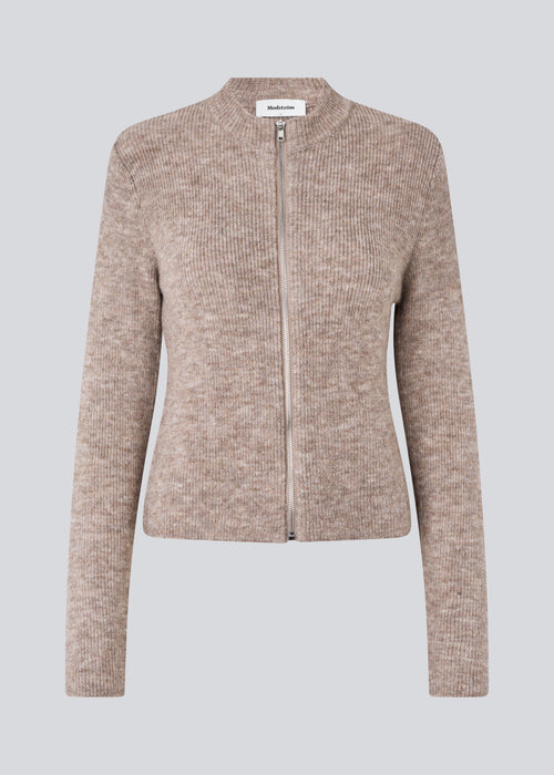 Fitted beige cardigan in a soft knit. TreeMD cardigan has a high neck and a zipper closure in front.