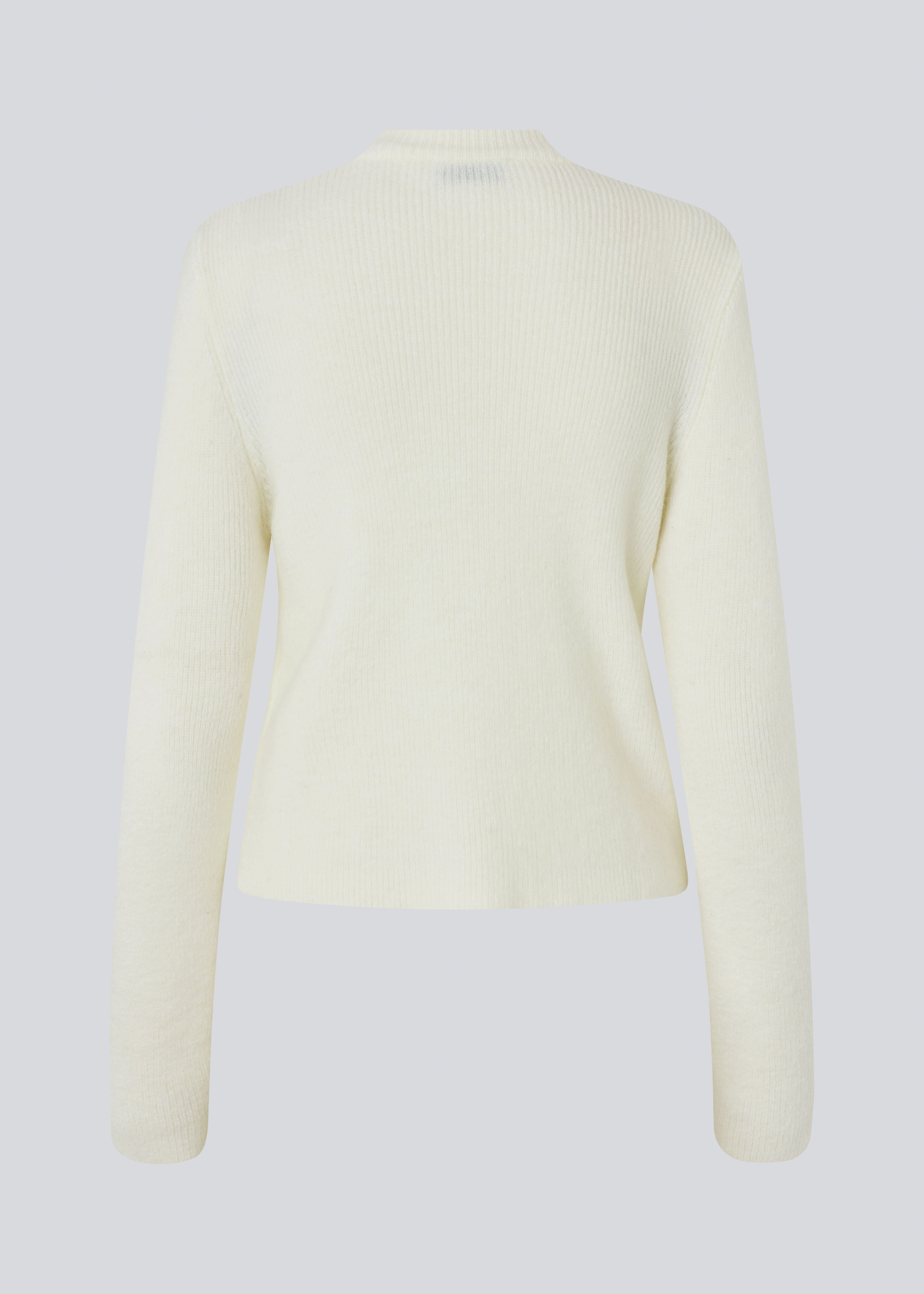 Fitted off white cardigan in a soft knit. TreeMD cardigan has a high neck and a zipper closure in front.