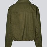 Short green jacket made from a soft, suede-like material. Features a classic shirt collar, hidden zip and button closure at the front, and practical front pockets. The structured shoulders with strap details and the slightly elasticated hem add a modern, tailored touch. A versatile and stylish piece, perfect for transitional weather and everyday wear.