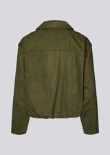 Short green jacket made from a soft, suede-like material. Features a classic shirt collar, hidden zip and button closure at the front, and practical front pockets. The structured shoulders with strap details and the slightly elasticated hem add a modern, tailored touch. A versatile and stylish piece, perfect for transitional weather and everyday wear.