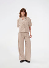 Suit pants in beige with pleats and wide leg. Tuesdaymd pants have a medium-highwaist, zipper, side pockets and paspoil pockets in the back. The model is 175 cm and wears a size s/36.