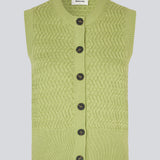 Knitted sleeveless top in green made from 100% organic cotton. The UlvaMD Top is crafted in a beautiful herringbone knit with a wide ribbed hem and trim. The contrast buttons and round neckline give the top a refined and feminine look. The model is 175 cm and wears a size S/36.


Material:
100% Organic Cotton