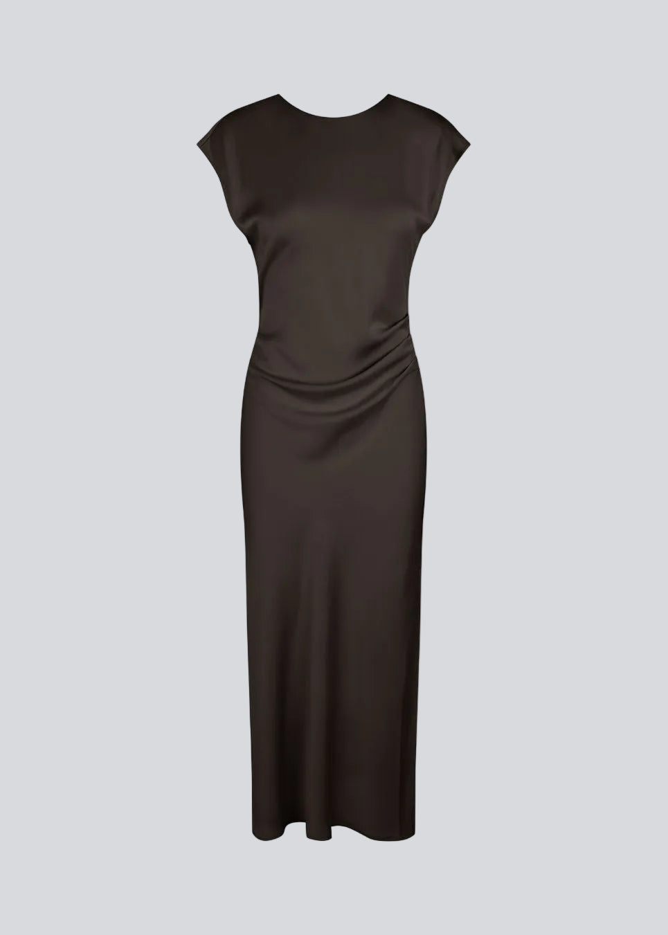 Elegant satin dress in brown made from 96% recycled polyester. The UnityMD Dress features short sleeves, an ankle-length silhouette, and beautiful draping at the waist that accentuates the figure. The deep back and tie detail add a feminine and sophisticated touch.&nbsp;

Material:
4% Elastane
96% Recycled Polyester