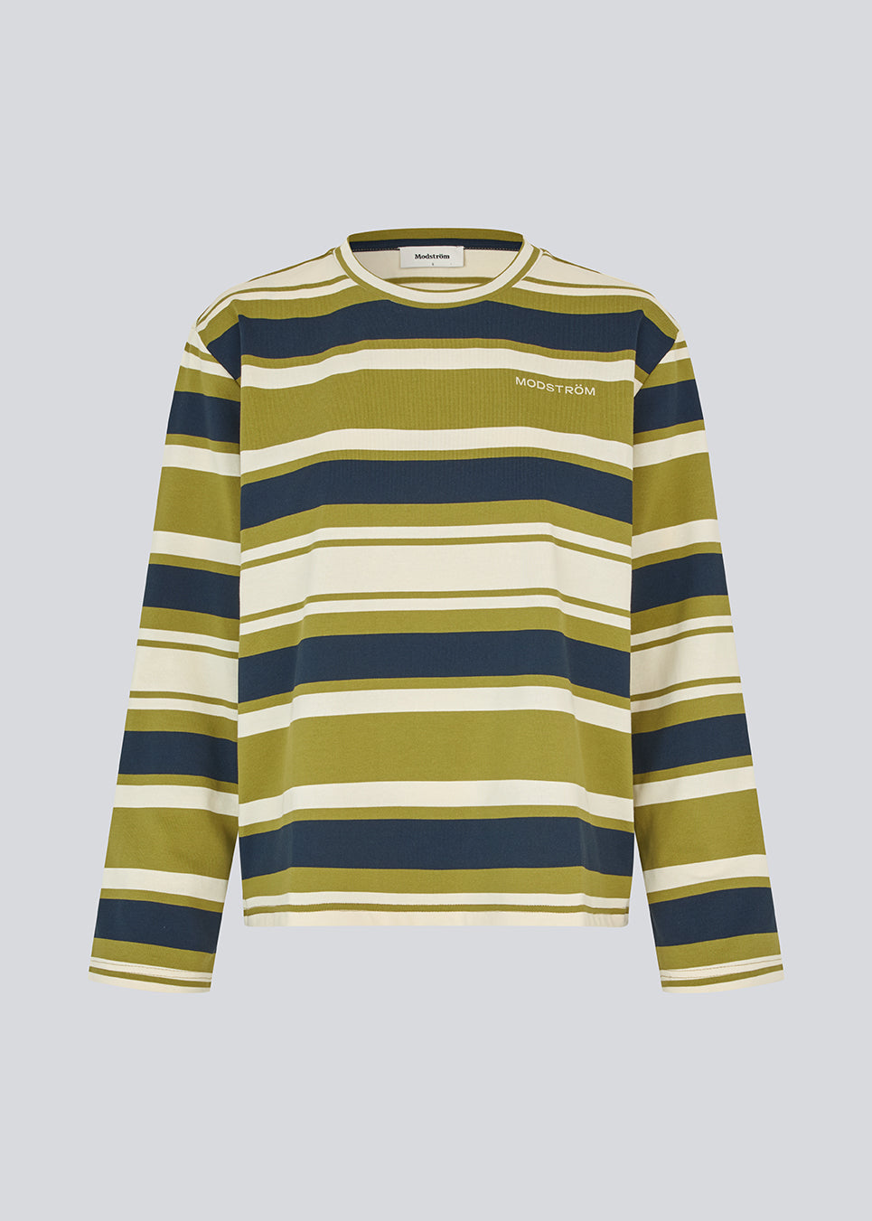 Striped long-sleeved T-shirt in navy blue and green. The UlvaMD Stripe LS T-shirt features a round neckline, a relaxed fit, and a discreet chest logo. A fresh and casual style with a timeless expression.

Material:
52% Cotton
48% Polyester