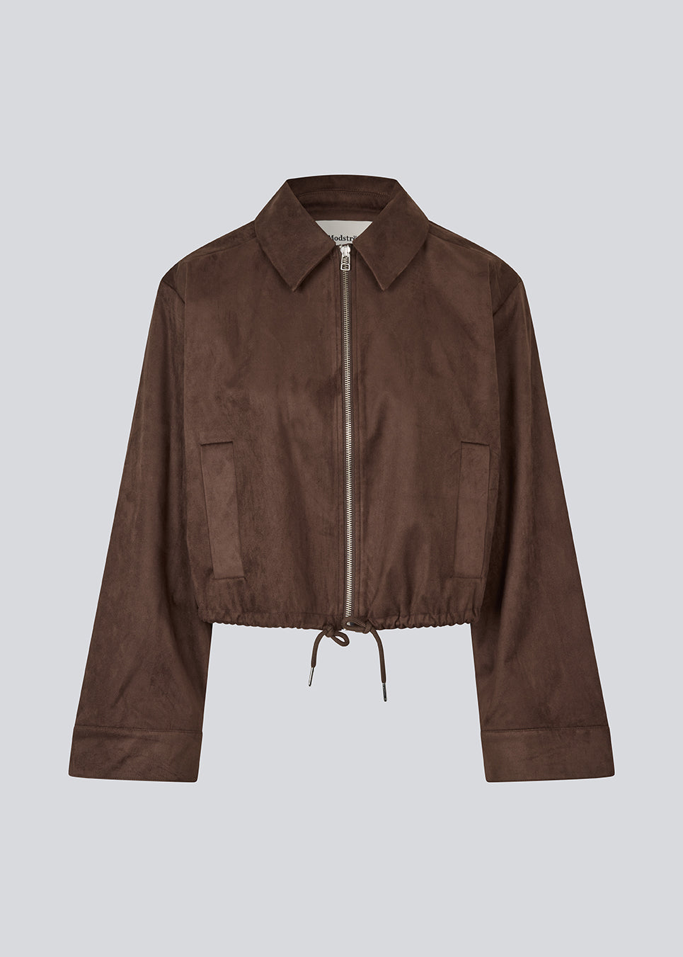 Short brown jacket in a suede look. The UsherMD Jacket features wide sleeves, a zip closure, a collar, and side pockets. The adjustable drawstring hem provides a flexible fit and a cool, feminine look. The model is 175 cm and wears a size S/36.

Material:
5% Elastane
95% Polyester

Lining:
35% Polyester
65% Rayon