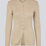Timeless rib-knit cardigan in beige with a round neckline and front button closure. The UvisMD Cardigan features a fitted silhouette and a soft quality that gives it a feminine and elegant look. Perfect for everyday wear and layering through the seasons. The model is 175 cm and wears a size S/36.



Material:
100% Organic Cotton