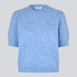 Feminine light blue knit sweater with short sleeves and a subtle puff. The UzziMD SS O-neck features a round neckline and delicate ribbed trims, creating an elegant and timeless look.

Material:
76% Acrylic
24% Polyester