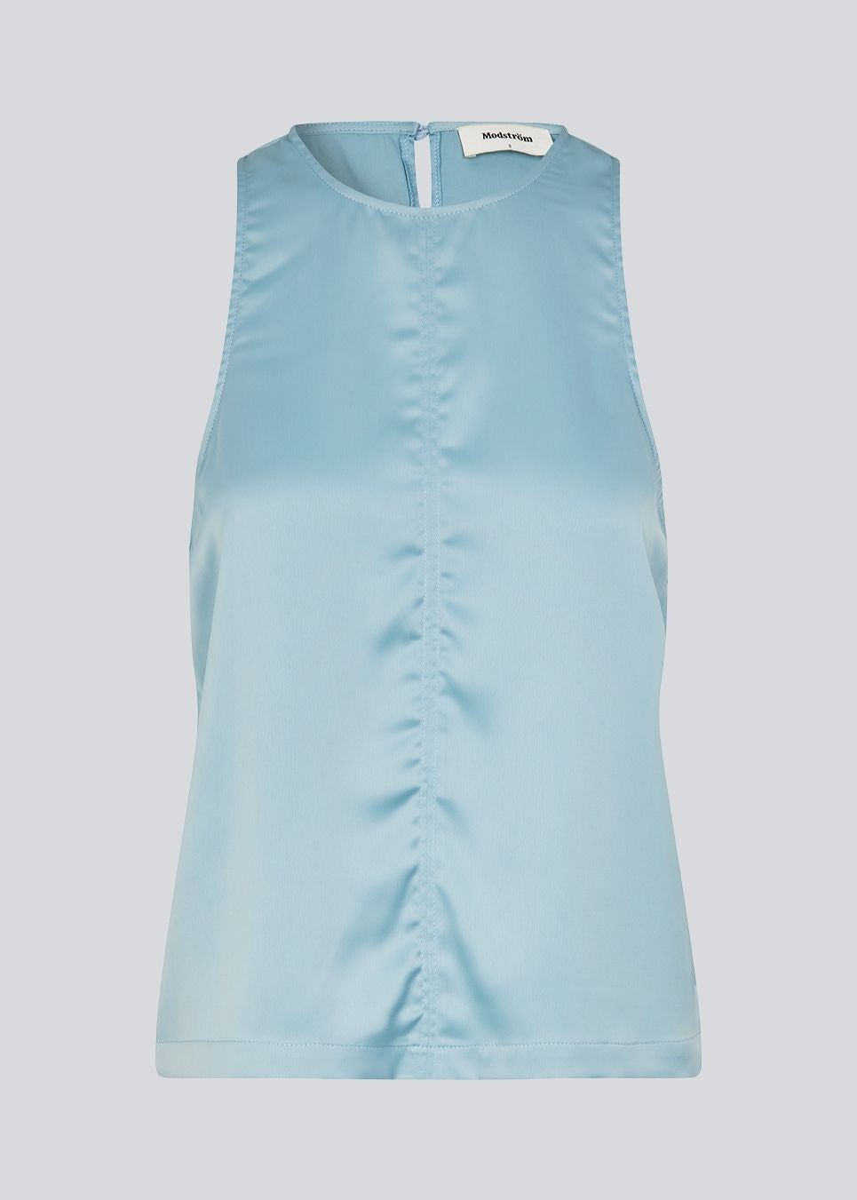 Sleeveless top in blue in lustrous satin. The Valdomd Top features a round neckline, vertical stitching detail at the front, and a button closure at the back for an elegant look. Made from 98% recycled polyester&nbsp;