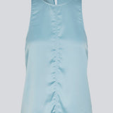 Sleeveless top in blue in lustrous satin. The Valdomd Top features a round neckline, vertical stitching detail at the front, and a button closure at the back for an elegant look. Made from 98% recycled polyester&nbsp;