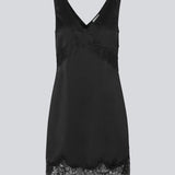 Short black satin dress with lace details. Vuemd dress features wide straps, a crossed detail lace at the bust, lace at the bottom, and a hidden side zip. Elegant and feminine – ideal for both everyday wear and special occasions.