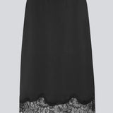 Elegant satin skirt in black with lace details on the bottom. Vuemd skirt is a knee-length satin style with an elastic waist and a relaxed fit. Perfect worn alone or layered for versatile styling.