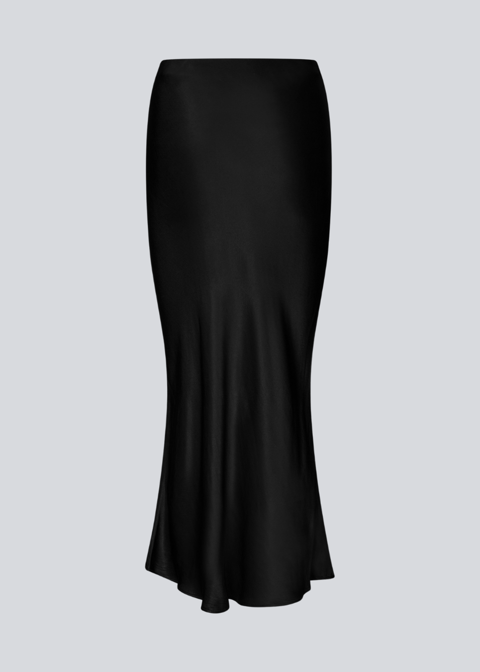 Black long wide satin skirt. Parveenmd skirt has an elastic waistband. The model is 175 cm and wears a size s/36.