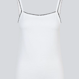 Fitted top in cotton. MaisyMD top has thin straps and scalloped edges in a contrasting color. The top is white with black edges.