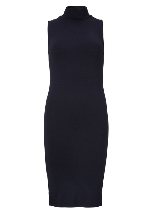 Nice dress without sleeves and with a high neck in navy noir. Theo dress is in a nice cotton/modal quality and has a slim fit.