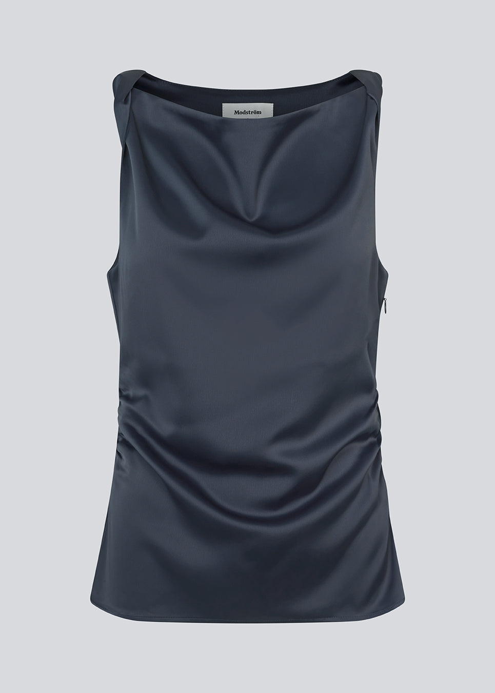 Dark blue fitted top in satin. MylaMD top is sleeveless and has gatherings on the side and an invisible zipper.
