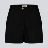 Black high-waisted shorts with side pockets. NormaMD shorts have a zip fly and button, belt loops, and decorative paspoil pockets on the back.