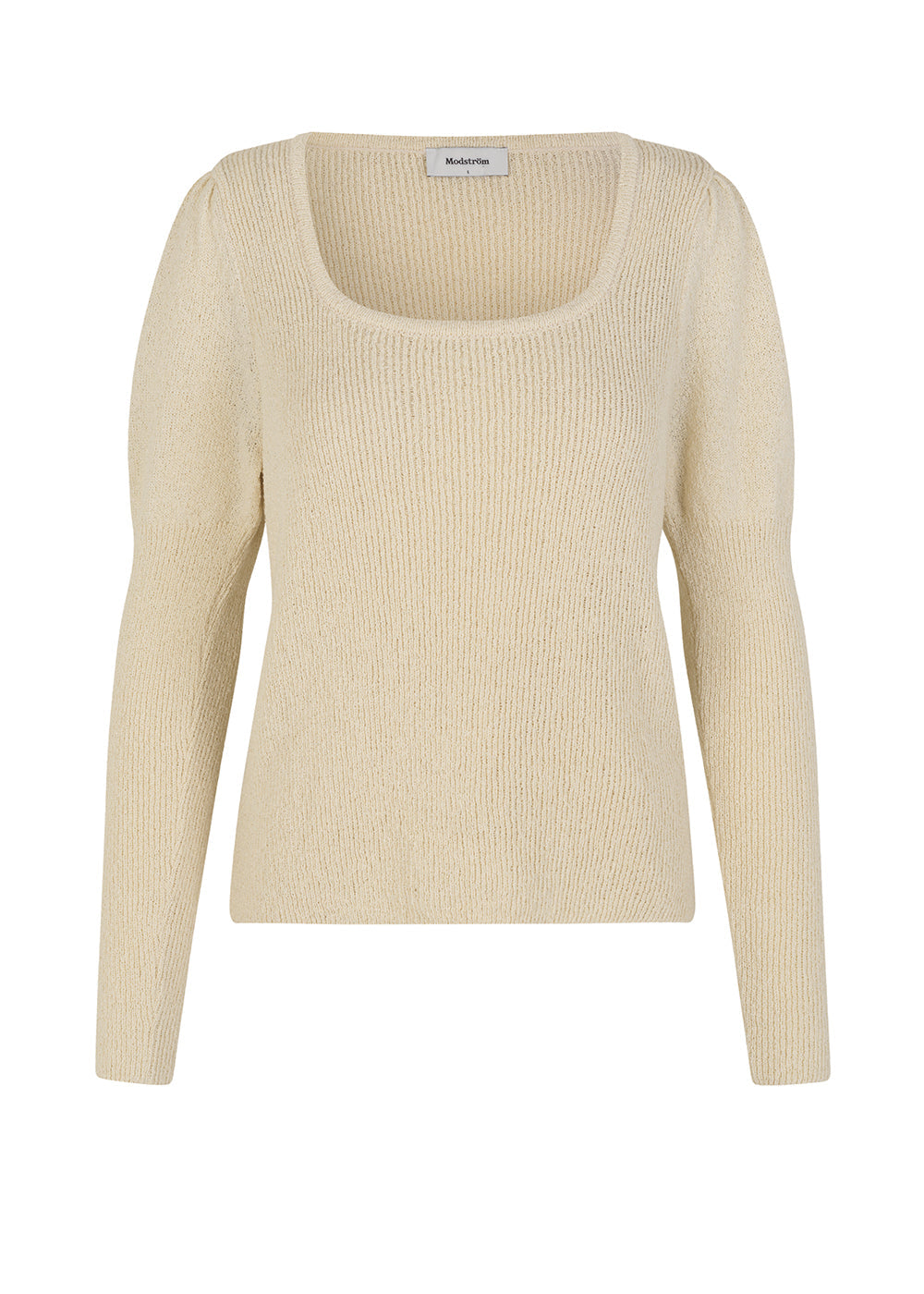 Rib structured sweater with a wide neckline in a cotton material. The sleeves are long and slim-fitted with volume at the shoulders. The model is 173 cm and wears a size S/36