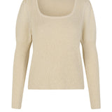Rib structured sweater with a wide neckline in a cotton material. The sleeves are long and slim-fitted with volume at the shoulders. The model is 173 cm and wears a size S/36