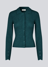Green fitted cardigan made from a soft, rib-knitted wool. HirokiMD cardigan has a collar, buttons in front, and long sleeves with slit and buttons.&nbsp;