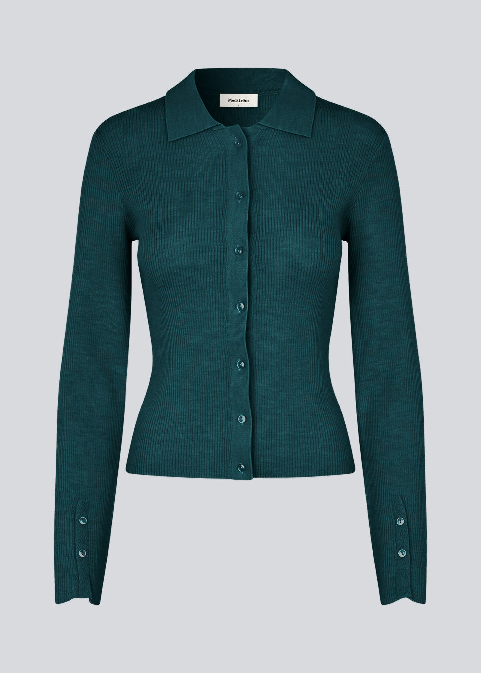 Green fitted cardigan made from a soft, rib-knitted wool. HirokiMD cardigan has a collar, buttons in front, and long sleeves with slit and buttons.&nbsp;