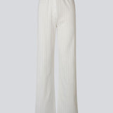 White pointelle pants. Josefinemd pants are feminine pointelle cotton trousers with lace trim and a subtle openwork pattern. Soft, comfortable, and ideal for relaxing at home. Josefine Vogt (165 cm) and the model (177 cm) are both wearing size Small.
