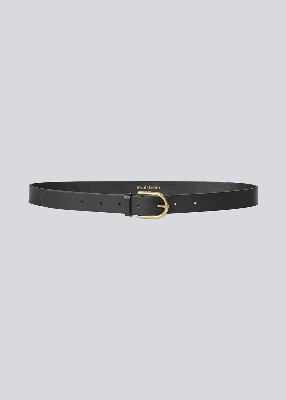 Classic black leather belt with a metal buckle and belt loops.&nbsp;